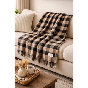 Kalalou Neutral Buffalo Check Throw Blanket Black Tan Fringe Farmhouse 80x42